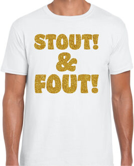 Bellatio Decorations Verkleed T-shirt heren - stout! en fout! - wit - glitter goud - themafeest fout/goud/stout L