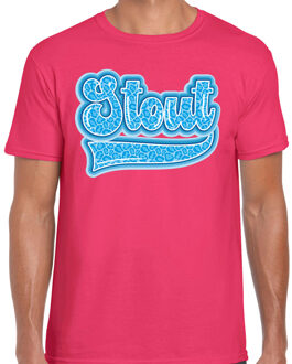 Bellatio Decorations Verkleed T-shirt heren - STOUT - roze - blauw panter look letters - fout/goud/stout L
