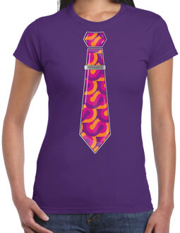 Bellatio Decorations Verkleed T-shirt voor dames - 70s stropdas - paars - jaren 70 - foute party - carnaval/themafeest 2XL