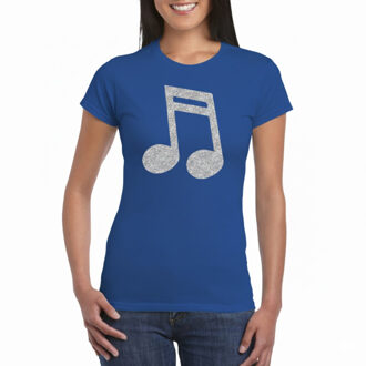 Bellatio Decorations Verkleed t-shirt voor dames - blauw - glitter opdruk - zilver - muzieknoot - themafeest L