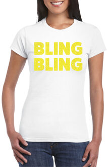 Bellatio Decorations Verkleed T-shirt voor dames - bling - wit - geel glitter - glitter and glamour - carnaval/themafeest