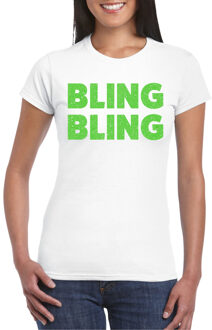 Bellatio Decorations Verkleed T-shirt voor dames - bling - wit - groen glitter - carnaval/themafeest XS