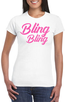 Bellatio Decorations Verkleed T-shirt voor dames - bling - wit - roze glitter - glitter and glamour - carnaval/themafeest M