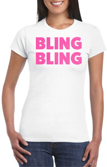 Bellatio Decorations Verkleed T-shirt voor dames - bling - wit - roze glitter - glitter and glamour - carnaval/themafeest S