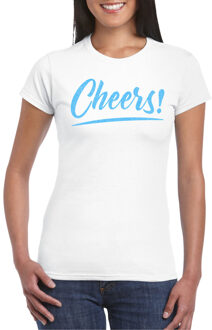 Bellatio Decorations Verkleed T-shirt voor dames - cheers - wit - blauwe glitter - carnaval 2XL