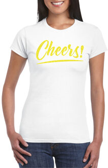 Bellatio Decorations Verkleed T-shirt voor dames - cheers - wit - geel glitter - carnaval/themafeest L