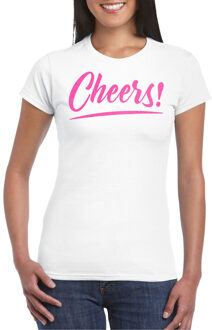 Bellatio Decorations Verkleed T-shirt voor dames - cheers - wit - roze glitter - carnaval/themafeest L