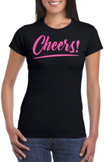 Bellatio Decorations Verkleed T-shirt voor dames - cheers - zwart - roze glitter - carnaval/themafeest 2XL