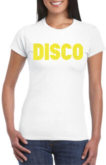 Bellatio Decorations Verkleed T-shirt voor dames - disco - wit - geel glitter - jaren 70/80 - carnaval/themafeest 2XL