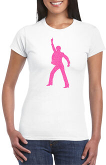 Bellatio Decorations Verkleed T-shirt voor dames - disco - wit - roze glitter - jaren 70/80 - carnaval/themafeest