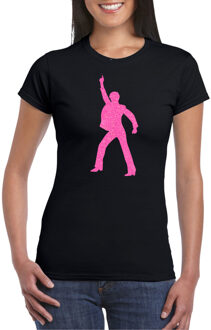 Bellatio Decorations Verkleed T-shirt voor dames - disco - zwart - roze glitter - jaren 70/80 - carnaval/themafeest XL