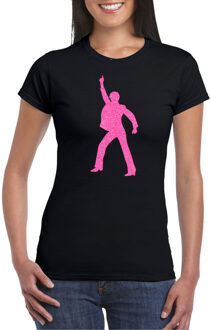 Bellatio Decorations Verkleed T-shirt voor dames - disco - zwart - roze glitter - jaren 70/80 - carnaval/themafeest