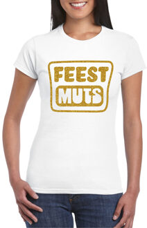 Bellatio Decorations Verkleed T-shirt voor dames - feest muts - wit - glitter goud - carnaval/themafeest 2XL