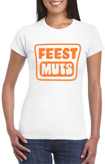 Bellatio Decorations Verkleed T-shirt voor dames - feest muts - wit - glitter oranje - carnaval/themafeest XS