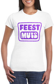 Bellatio Decorations Verkleed T-shirt voor dames - feest muts - wit - glitter paars - carnaval/themafeest 2XL