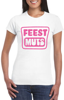 Bellatio Decorations Verkleed T-shirt voor dames - feest muts - wit - glitter roze - carnaval/themafeest 2XL