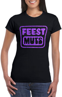 Bellatio Decorations Verkleed T-shirt voor dames - feest muts - zwart - glitter paars - carnaval/themafeest 2XL