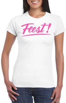 Bellatio Decorations Verkleed T-shirt voor dames - feest - wit - roze glitter - carnaval L