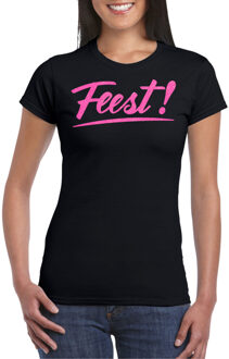 Bellatio Decorations Verkleed T-shirt voor dames - feest - zwart - roze glitter - carnaval 2XL