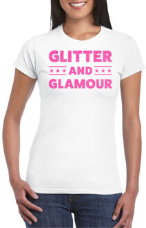 Bellatio Decorations Verkleed T-shirt voor dames - glitter and glamour - wit - roze glitter - carnaval/themafeest XS