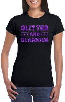 Bellatio Decorations Verkleed T-shirt voor dames - glitter and glamour - zwart - paars glitter - carnaval/themafeest S