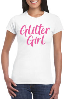 Bellatio Decorations Verkleed T-shirt voor dames - glitter girl - wit - glitter and glamour - carnaval/themafeest Roze