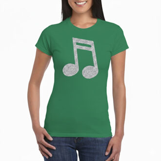 Bellatio Decorations Verkleed t-shirt voor dames - groen - glitter opdruk - zilver - muzieknoot - themafeest XS