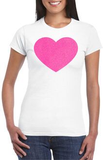 Bellatio Decorations Verkleed T-shirt voor dames - hart - wit - roze glitter - carnaval/themafeest XS