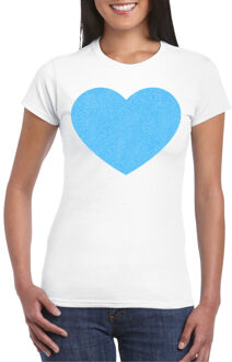 Bellatio Decorations Verkleed T-shirt voor dames - hartje - wit - blauw glitter - carnaval/themafeest L