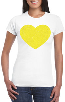 Bellatio Decorations Verkleed T-shirt voor dames - hartje - wit - geel glitter - carnaval/themafeest L