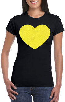 Bellatio Decorations Verkleed T-shirt voor dames - hartje - zwart - geel glitter - carnaval/themafeest L