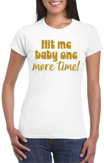 Bellatio Decorations Verkleed T-shirt voor dames - Hit me baby - wit - gouden glitter - foute party - feestkleding XS