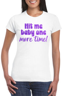 Bellatio Decorations Verkleed T-shirt voor dames - Hit me baby - wit - paarse glitter - foute party - feestkleding L