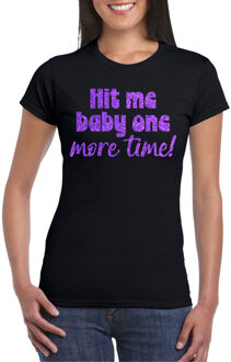 Bellatio Decorations Verkleed T-shirt voor dames - Hit me baby - zwart - paarse glitter - foute party - feestkleding 2XL