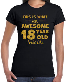 Bellatio Decorations Verkleed T-shirt voor dames - leeftijd 18 jaar - awesome - zwart - glitter goud - Verjaardagsfeest 2XL