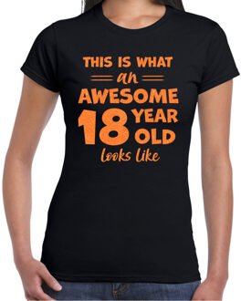 Bellatio Decorations Verkleed T-shirt voor dames - leeftijd 18 jaar - awesome - zwart - glitter oranje - Verjaardagsfeest 2XL