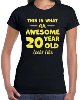 Bellatio Decorations Verkleed T-shirt voor dames - leeftijd 20 jaar - awesome - zwart - glitter geel - Verjaardagsfeest 2XL