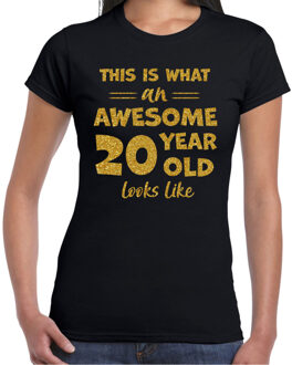 Bellatio Decorations Verkleed T-shirt voor dames - leeftijd 20 jaar - awesome - zwart - glitter goud - Verjaardagsfeest 2XL