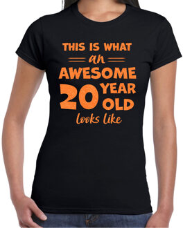 Bellatio Decorations Verkleed T-shirt voor dames - leeftijd 20 jaar - awesome - zwart - glitter oranje - Verjaardagsfeest 2XL