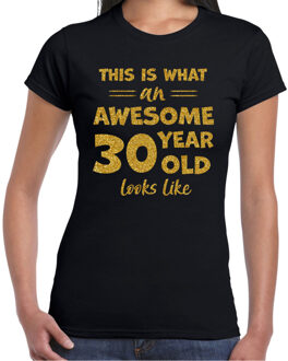 Bellatio Decorations Verkleed T-shirt voor dames - leeftijd 30 jaar - awesome - zwart - glitter goud - Verjaardagsfeest 2XL