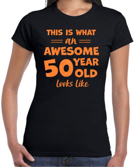 Bellatio Decorations Verkleed T-shirt voor dames - leeftijd 50 jaar - awesome - zwart - glitter oranje - Sarah 2XL