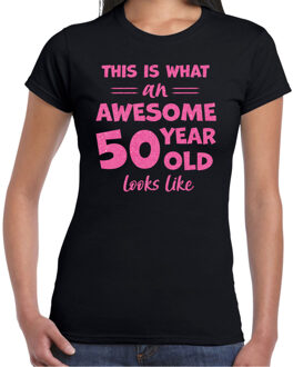 Bellatio Decorations Verkleed T-shirt voor dames - leeftijd 50 jaar - awesome - zwart - glitter roze - Sarah 2XL