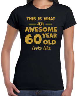 Bellatio Decorations Verkleed T-shirt voor dames - leeftijd 60 jaar - awesome - zwart - glitter goud - Verjaardagsfeest 2XL