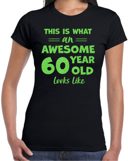 Bellatio Decorations Verkleed T-shirt voor dames - leeftijd 60 jaar - awesome - zwart - glitter groen - Verjaardagsfeest 2XL