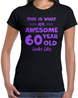 Bellatio Decorations Verkleed T-shirt voor dames - leeftijd 60 jaar - awesome - zwart - glitter paars - Verjaardagsfeest S