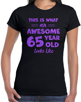 Bellatio Decorations Verkleed T-shirt voor dames - leeftijd 65 jaar - awesome - zwart - glitter paars - Verjaardagsfeest 2XL