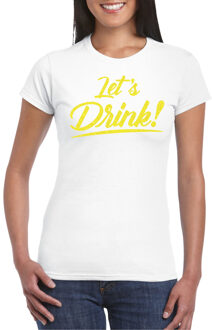 Bellatio Decorations Verkleed T-shirt voor dames - lets drink - wit - geel glitters - glamour 2XL