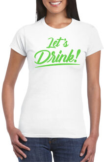 Bellatio Decorations Verkleed T-shirt voor dames - lets drink - wit - groene glitters - glamour 2XL