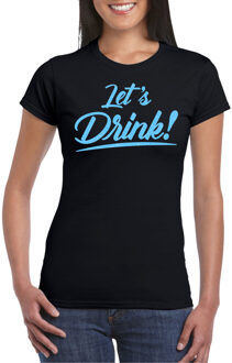 Bellatio Decorations Verkleed T-shirt voor dames - lets drink - zwart - blauwe glitters - glitter and glamour