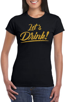 Bellatio Decorations Verkleed T-shirt voor dames - lets drink - zwart - goud glitters - glamour 2XL